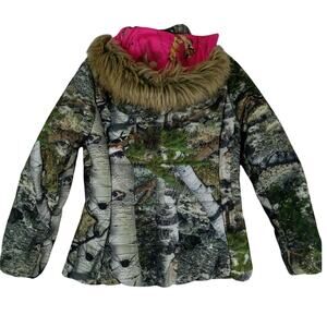 Mossy Oak Puffer Jacket Women Small 34-36 Break Up Camo Removable Hood Full Zip